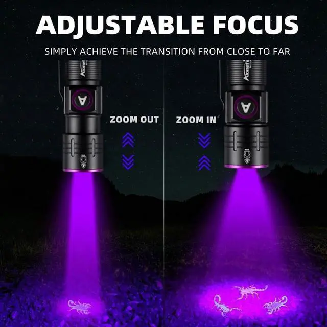 Alt view image 3 of 6 - 1SV112 Mini 365nm UV Flashlight USB Rechargeable Zoom Woods Lamp Money Detector Black Light for Pet Urine Detection, Scorpion, Fishing, Minerals, Rocks with Built-in Battery