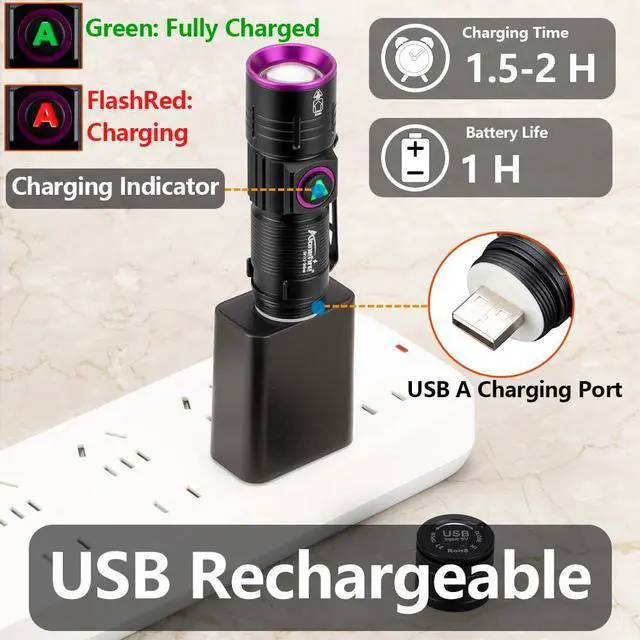 Alt view image 5 of 6 - 1SV112 Mini 365nm UV Flashlight USB Rechargeable Zoom Woods Lamp Money Detector Black Light for Pet Urine Detection, Scorpion, Fishing, Minerals, Rocks with Built-in Battery