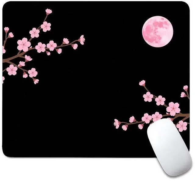 Main image of Square Mouse Pad Pink Cherry Blossoms Moon, Personalized Premium-Textured Custom Mouse Mat Design, Washable Mousepad Cloth, Non-Slip Rubber Base Computer Mouse Pads for Wireless Mouse