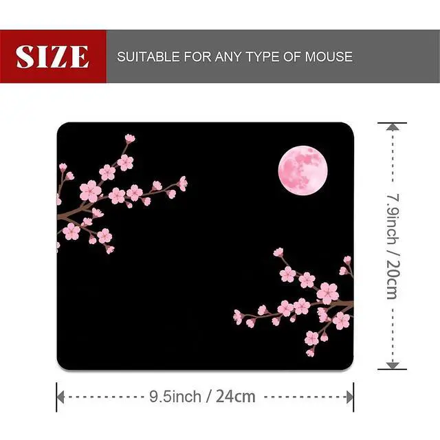 Alt view image 2 of 6 - Square Mouse Pad Pink Cherry Blossoms Moon, Personalized Premium-Textured Custom Mouse Mat Design, Washable Mousepad Cloth, Non-Slip Rubber Base Computer Mouse Pads for Wireless Mouse