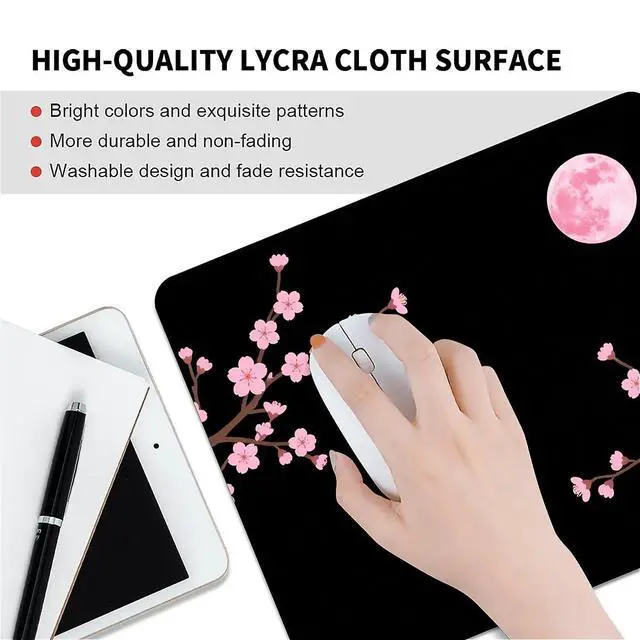 Alt view image 3 of 6 - Square Mouse Pad Pink Cherry Blossoms Moon, Personalized Premium-Textured Custom Mouse Mat Design, Washable Mousepad Cloth, Non-Slip Rubber Base Computer Mouse Pads for Wireless Mouse