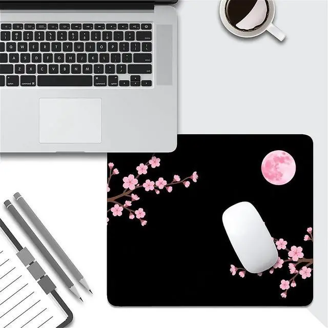 Alt view image 5 of 6 - Square Mouse Pad Pink Cherry Blossoms Moon, Personalized Premium-Textured Custom Mouse Mat Design, Washable Mousepad Cloth, Non-Slip Rubber Base Computer Mouse Pads for Wireless Mouse