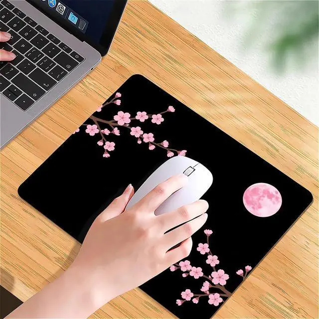 Alt view image 6 of 6 - Square Mouse Pad Pink Cherry Blossoms Moon, Personalized Premium-Textured Custom Mouse Mat Design, Washable Mousepad Cloth, Non-Slip Rubber Base Computer Mouse Pads for Wireless Mouse