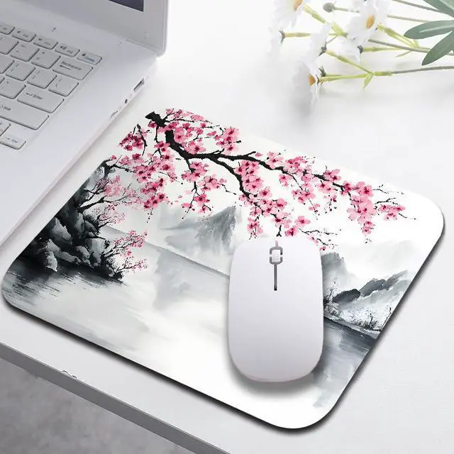 Alt view image 3 of 7 - Cute Small Mouse Pad, Computer Mouse Pads for Desk, Non-Slip Rubber Base Portable Mousepad for Laptop, 9.5" x 7.9" Square Design for Home & Office Desk Accessories (Cherry Blossom)