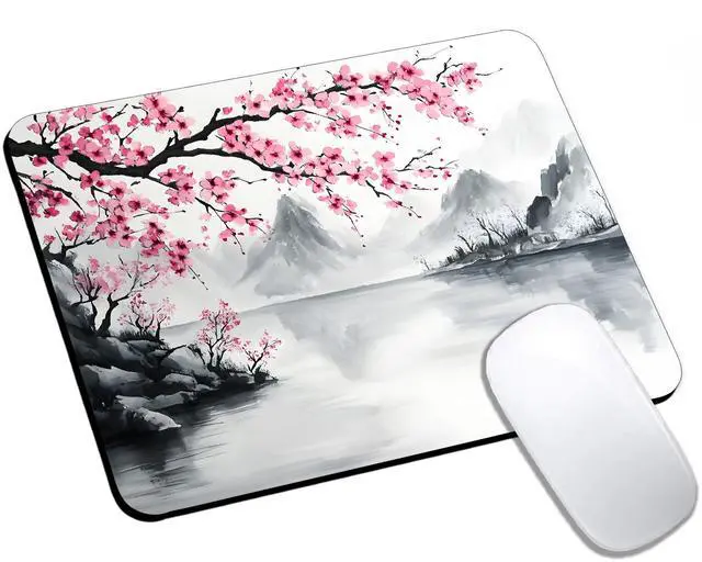 Main image of Cute Small Mouse Pad, Computer Mouse Pads for Desk, Non-Slip Rubber Base Portable Mousepad for Laptop, 9.5" x 7.9" Square Design for Home & Office Desk Accessories (Cherry Blossom)