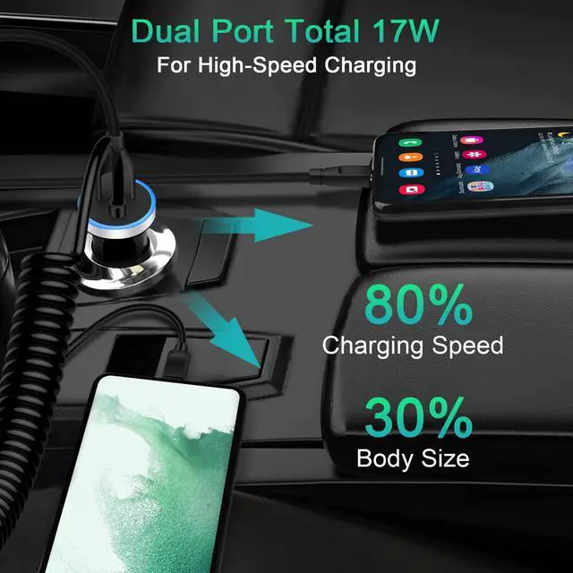 Alt view image 2 of 7 - Android Type C Car Charger Fast Charging for Samsung Galaxy A17/A16/A36/A26/S25 Edge/S25FE/S25 Ultra/25 Plus/S24 Ultra/S23/S22/A56/A35/A23/A07/A54/A53/A15, Car Adapter Plug 3.4A+3FT Coiled USB C Cable