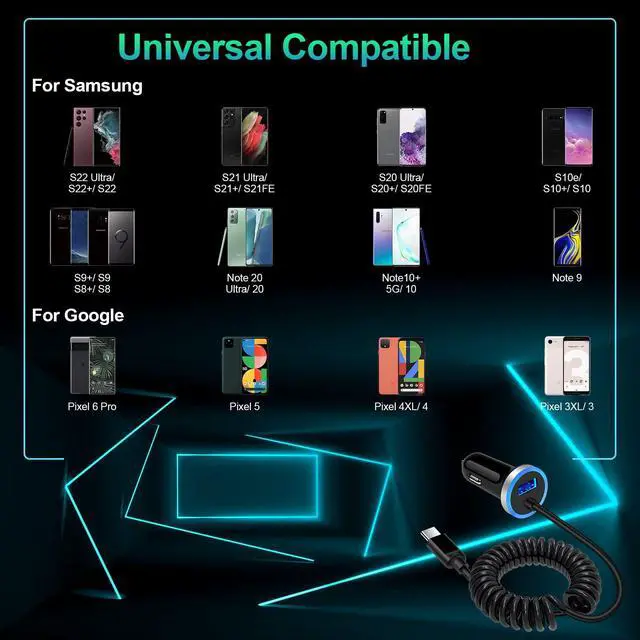 Alt view image 7 of 7 - Android Type C Car Charger Fast Charging for Samsung Galaxy A17/A16/A36/A26/S25 Edge/S25FE/S25 Ultra/25 Plus/S24 Ultra/S23/S22/A56/A35/A23/A07/A54/A53/A15, Car Adapter Plug 3.4A+3FT Coiled USB C Cable