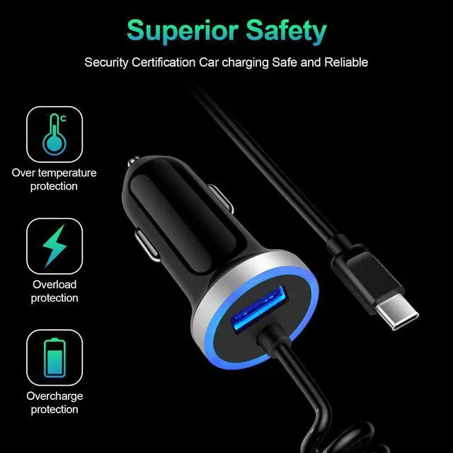 Alt view image 6 of 7 - Android Type C Car Charger Fast Charging for Samsung Galaxy A17/A16/A36/A26/S25 Edge/S25FE/S25 Ultra/25 Plus/S24 Ultra/S23/S22/A56/A35/A23/A07/A54/A53/A15, Car Adapter Plug 3.4A+3FT Coiled USB C Cable