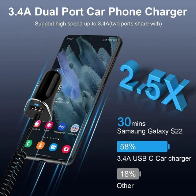 Alt view image 2 of 6 - Android Type C Fast Car Charger for Samsung Galaxy S26 Ultra A37 A57 S25 S24 FE S23 FE A36 5G A17 A25 Z Fold Flip 7 A53,3.4A Fast Car Charging Cigarette Lighter Adapter with 3ft USB C Coiled Cable