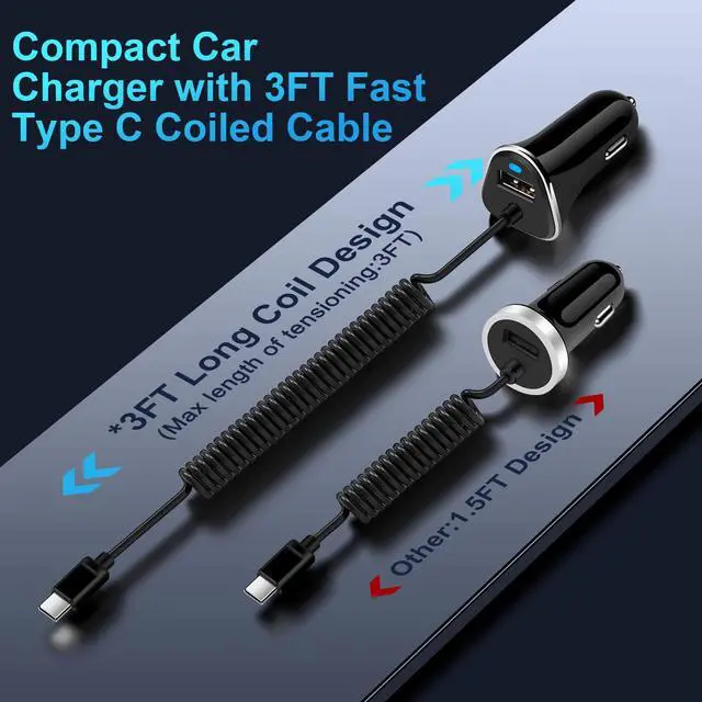 Alt view image 4 of 6 - Android Type C Fast Car Charger for Samsung Galaxy S26 Ultra A37 A57 S25 S24 FE S23 FE A36 5G A17 A25 Z Fold Flip 7 A53,3.4A Fast Car Charging Cigarette Lighter Adapter with 3ft USB C Coiled Cable