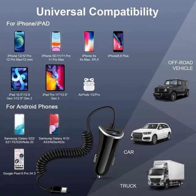 Alt view image 5 of 6 - Android Type C Fast Car Charger for Samsung Galaxy S26 Ultra A37 A57 S25 S24 FE S23 FE A36 5G A17 A25 Z Fold Flip 7 A53,3.4A Fast Car Charging Cigarette Lighter Adapter with 3ft USB C Coiled Cable