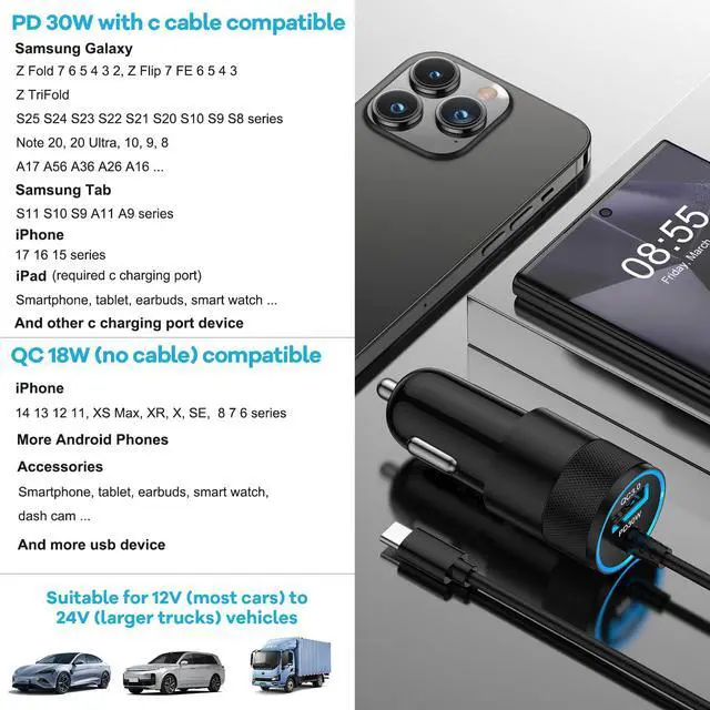 Alt view image 4 of 7 - 48W USB C Fast Car Charger for Samsung Galaxy Z Fold 7 6 5 4 3 Flip 7 FE 6 5 4 3 5G, Z Trifold, Tri Fold, S24 S23 S22 S21 Ultra FE Plus 5G, Vehicle Phone Adapter Auto Automobile Plug Type C 3ft Cable