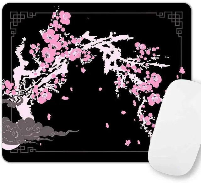 Main image of Japanese Aesthetic Mouse Pad, Pink Cherry Blossom Mousepad, Black Cute Small Mouse Mat for Work, Game, Office, Home, Computer Accessories - Japan Sakura Flowers Art, 9.5" x 7.9"