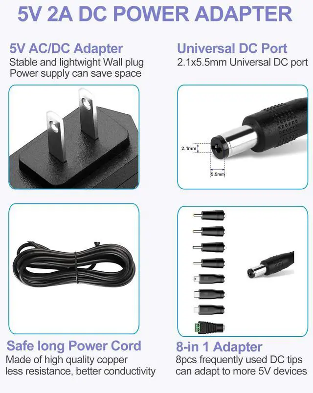 Alt view image 2 of 7 - 5V 2A 10W DC Power Supply Adapter AC/DC Wall Charger AC 100V-240V to DC 5 Volt 2Amp 1A 1.5A Replacement Power Cord USB Type C for Security Camera Baby Monitor Scanner TV Box Raspberry USB Hub