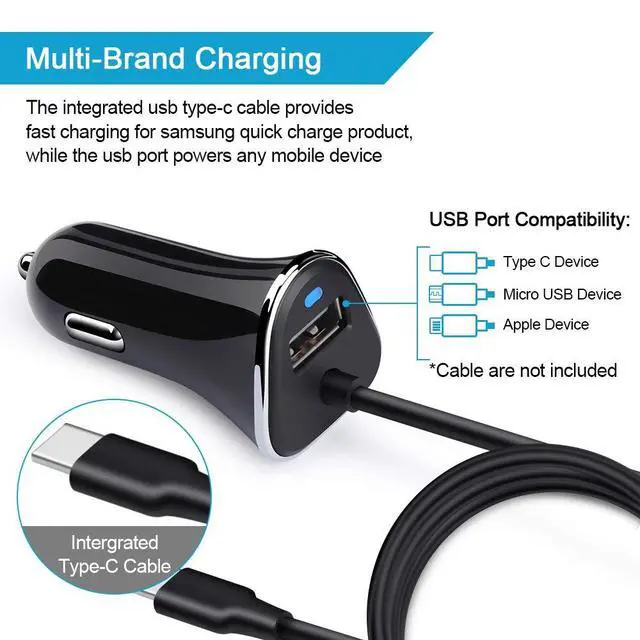 Alt view image 3 of 6 - USB Type C Car Charger,Quick Charge 3.4A USB Car Adapter with 3ft Type C Charging Cable for Samsung Galaxy S23 Ultra S22 S21 S20 A10e A15 A14 A25 A54 A53 S10 S9 S8 Plus,Note 20/10,LG G8 G7 V40 V35 V60