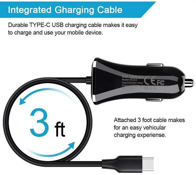 Main image of USB Type C Car Charger,Quick Charge 3.4A USB Car Adapter with 3ft Type C Charging Cable for Samsung Galaxy S23 Ultra S22 S21 S20 A10e A15 A14 A25 A54 A53 S10 S9 S8 Plus,Note 20/10,LG G8 G7 V40 V35 V60