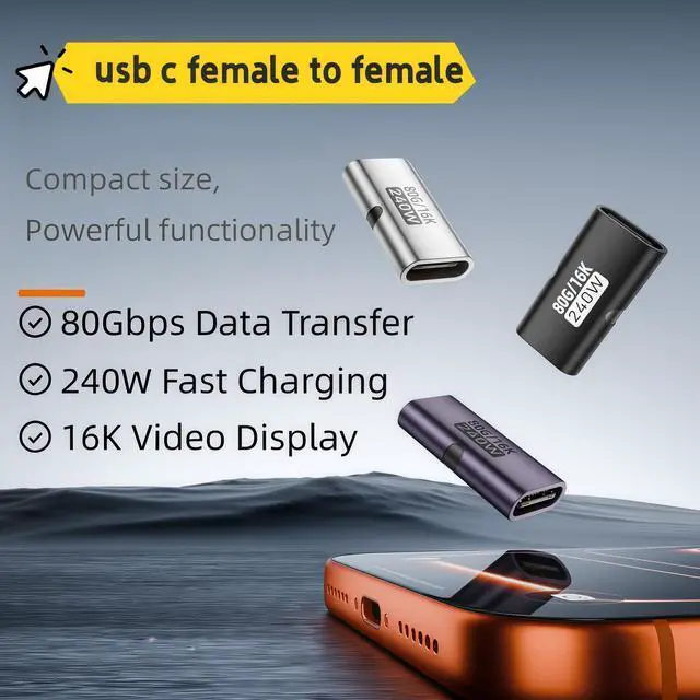 Alt view image 6 of 6 - 5 Pack USB C Coupler, USB C Female to Female Adapter with 80Gbps Data Transfer, 240W Fast Charging, Compatible with Thunderbolt 4/3,16K/8K Video Support, Black
