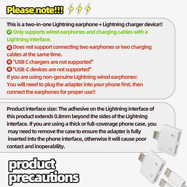 Alt view image 2 of 7 - Iphone Dual Lightning Headphone Adapter(2pack)Audio Charge Dongle Jack Splitter 2in1 Charger AUX Music Earbud Adaptador Para MFI Certified Compatible for 7 8Plus X 13 12 11 Pro Max Mini Xs Se Xr