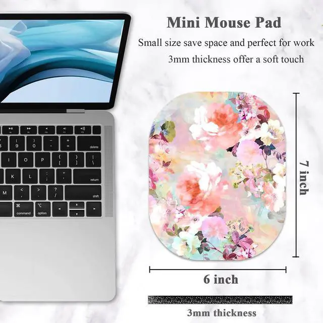 Alt view image 2 of 7 - Small Mouse Pad 6 x 7 Inch, Oval Mini Mouse Pad with Non-Slip Rubber Base, Waterproof Compact Mouse Mat for Laptop Computer Wireless Mouse Keyboard Tray Home Office Travel, Peonies Floral