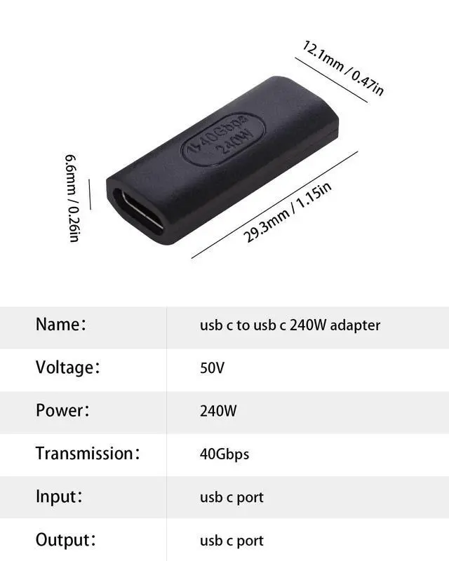 Alt view image 2 of 6 - 240W USB C Female to Female Adapter, 40Gbps USB C Coupler, 8K@60Hz Video Display for Switch, Tablet, iPad, MacBook, Thunderbolt 4/3 (2Pack)