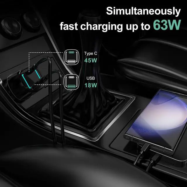 Alt view image 2 of 7 - 63W USB C Car Charger, 45W Type C Super Fast Charging Compatible for Samsung Galaxy S26/S25 Plus/Ultra/S23/S22/W24/Z Flip5/Z Fold5, iPhone 17 Pro Max/16/15 Car Adapter&3ft Cord with E-Mark Chip