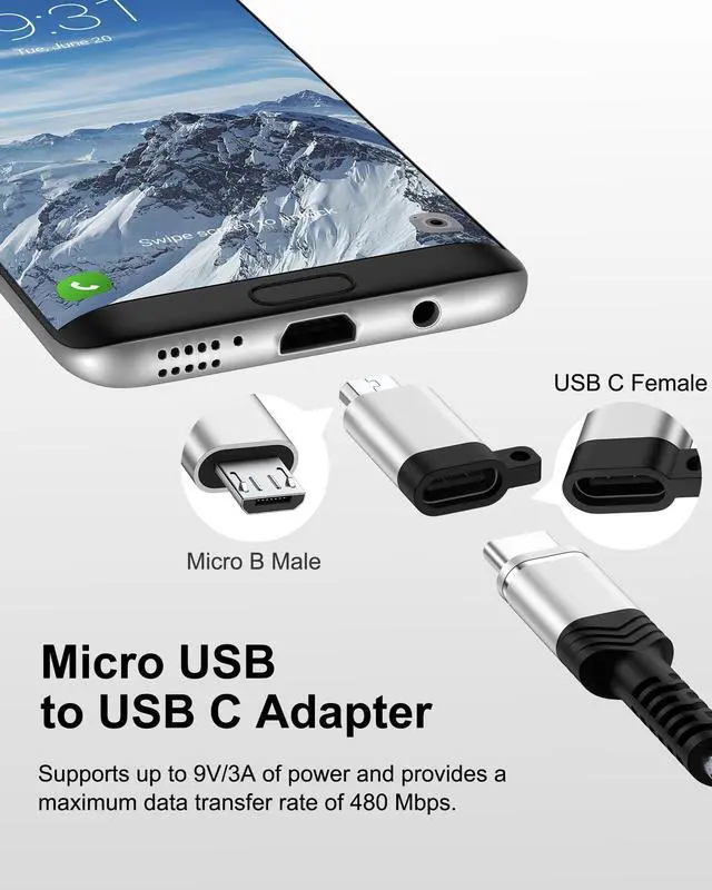 Alt view image 4 of 7 - Micro USB to USB C Adapter, 2-Pack Type C Female to Micro USB Male Converter, USB C to Micro USB Adapter Fast Charging & Data Sync Compatible with Galaxy S7 Edge, S6, Nexus, Kindle, PS4, and More