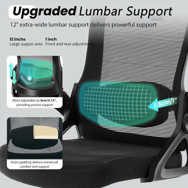 Alt view image 3 of 7 - Ergonomic Office Chair, 400 LBS Computer Chairs with Adjustable Lumbar Support, Breathable Mesh Desk Chair Ergonomic with Thickened Cushion, Comfy Home Office Desk Chair (Black)