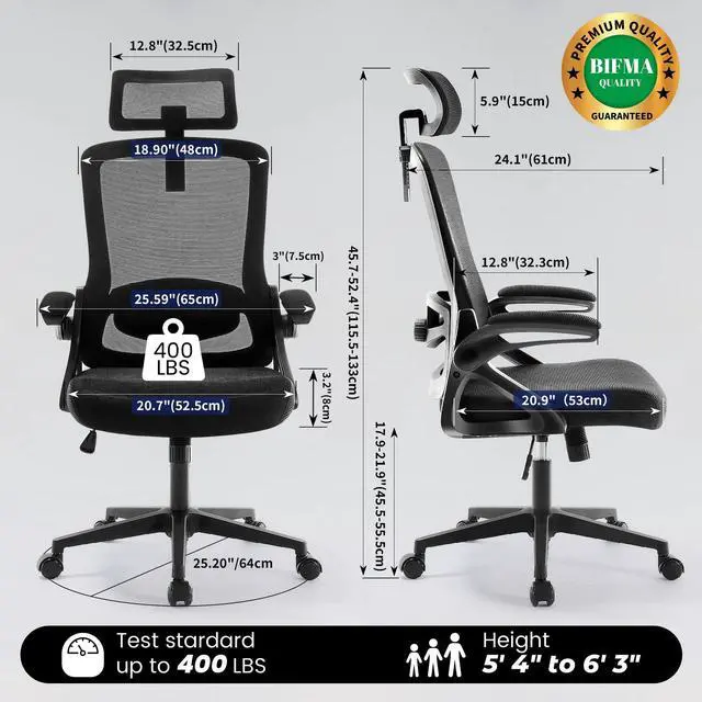Alt view image 2 of 7 - Ergonomic Office Chair, 400 LBS Computer Chairs with Adjustable Lumbar Support, Breathable Mesh Desk Chair Ergonomic with Thickened Cushion, Comfy Home Office Desk Chair (Black)