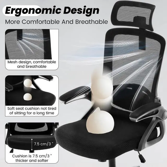 Alt view image 6 of 7 - Ergonomic Office Chair, 400 LBS Computer Chairs with Adjustable Lumbar Support, Breathable Mesh Desk Chair Ergonomic with Thickened Cushion, Comfy Home Office Desk Chair (Black)