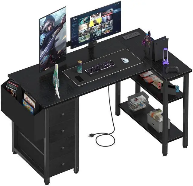 Main image of L Shaped Gaming Desk with Power Outlet, 47 Inch Reversible Corner Computer Desk with Drawers & Storage Shelves for Home Office Bedroom, L-Shaped Teen PC Desks with Fabric Drawer, Black
