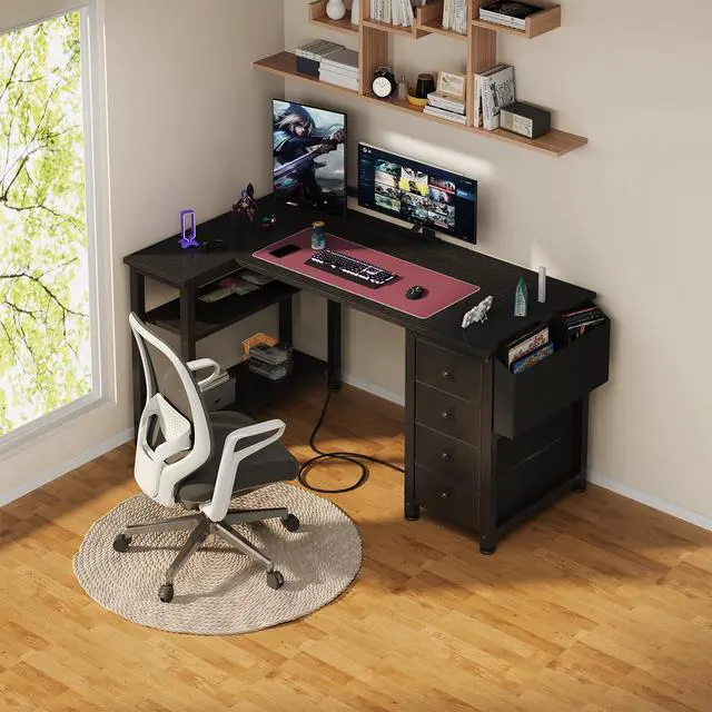 Alt view image 2 of 7 - L Shaped Gaming Desk with Power Outlet, 47 Inch Reversible Corner Computer Desk with Drawers & Storage Shelves for Home Office Bedroom, L-Shaped Teen PC Desks with Fabric Drawer, Black