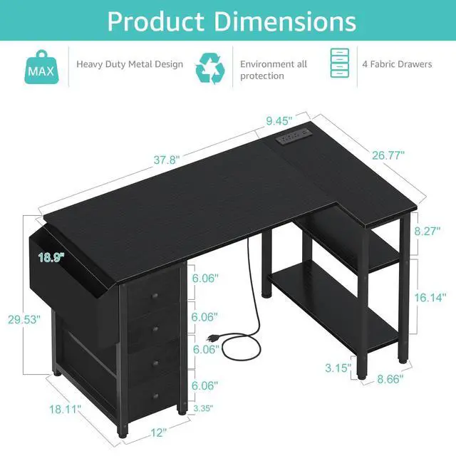 Alt view image 3 of 7 - L Shaped Gaming Desk with Power Outlet, 47 Inch Reversible Corner Computer Desk with Drawers & Storage Shelves for Home Office Bedroom, L-Shaped Teen PC Desks with Fabric Drawer, Black