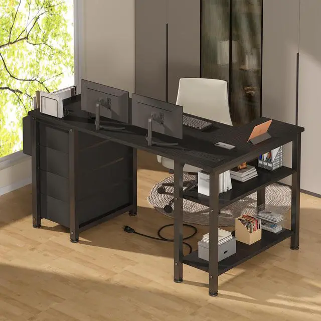 Alt view image 4 of 7 - L Shaped Gaming Desk with Power Outlet, 47 Inch Reversible Corner Computer Desk with Drawers & Storage Shelves for Home Office Bedroom, L-Shaped Teen PC Desks with Fabric Drawer, Black