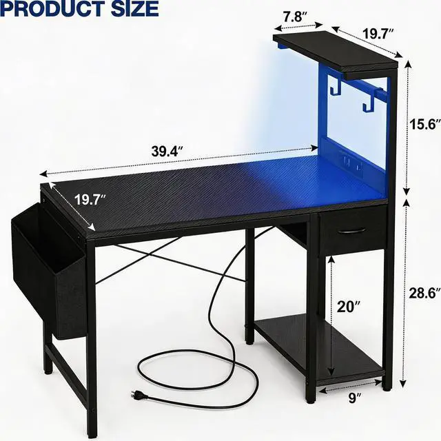 Alt view image 3 of 7 - Gaming Desk 40 Inch with Power Outlet and LED Light, Computer Desk with Reversible Shelves and Storage Drawer, Pc Small Desk for Home Office Table with Bag, Carbon Fiber Black