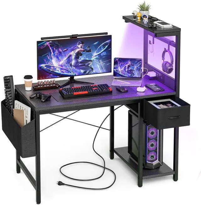Main image of Gaming Desk 40 Inch with Power Outlet and LED Light, Computer Desk with Reversible Shelves and Storage Drawer, Pc Small Desk for Home Office Table with Bag, Carbon Fiber Black