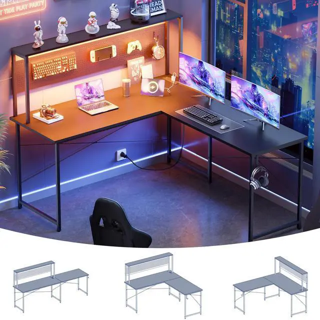 Alt view image 2 of 6 - 60 Inch L Shaped Gaming Desk with LED Lights and Power Outlets Reversible Corner Computer Desk with Pegboard Storage Shelves Home Office Table for Work Study Black