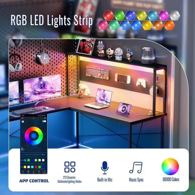 Alt view image 4 of 6 - 60 Inch L Shaped Gaming Desk with LED Lights and Power Outlets Reversible Corner Computer Desk with Pegboard Storage Shelves Home Office Table for Work Study Black