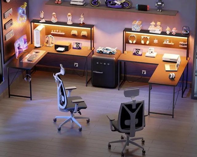 Alt view image 3 of 6 - 60 Inch L Shaped Gaming Desk with LED Lights and Power Outlets Reversible Corner Computer Desk with Pegboard Storage Shelves Home Office Table for Work Study Black