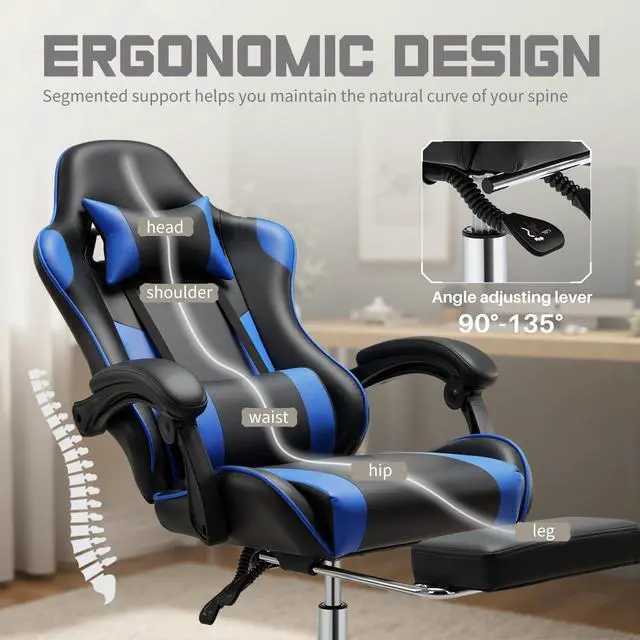Alt view image 2 of 7 - Ergonomic Gaming Office Desk Chair with Linkage Armrests for Adults, Height Adjustable Computer Chair with Footrest and Headrest, PU Leather 360° Swivel Recliner with Lumbar Support, Deep Blue