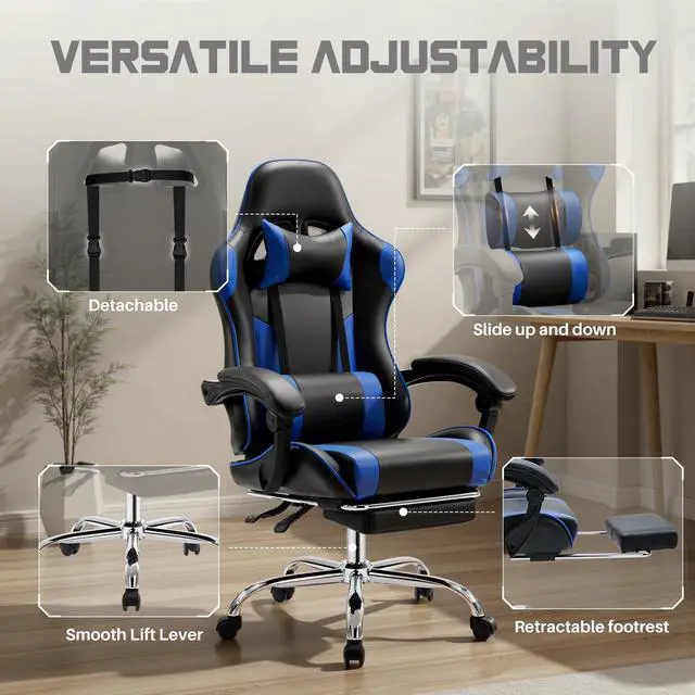 Alt view image 4 of 7 - Ergonomic Gaming Office Desk Chair with Linkage Armrests for Adults, Height Adjustable Computer Chair with Footrest and Headrest, PU Leather 360° Swivel Recliner with Lumbar Support, Deep Blue