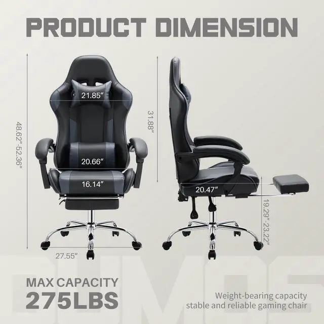 Alt view image 2 of 7 - Ergonomic Gaming Office Desk Chair with Footrest and Headrest for Adults, PU Leather Video Computer Chair with Linkage Armrests, Height Adjustable 360° Swivel Recling Chair, Black Grey
