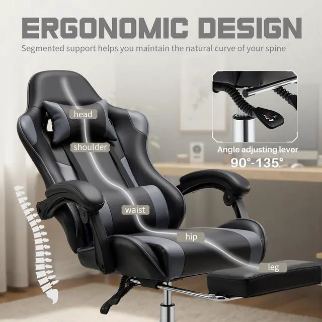 Alt view image 3 of 7 - Ergonomic Gaming Office Desk Chair with Footrest and Headrest for Adults, PU Leather Video Computer Chair with Linkage Armrests, Height Adjustable 360° Swivel Recling Chair, Black Grey