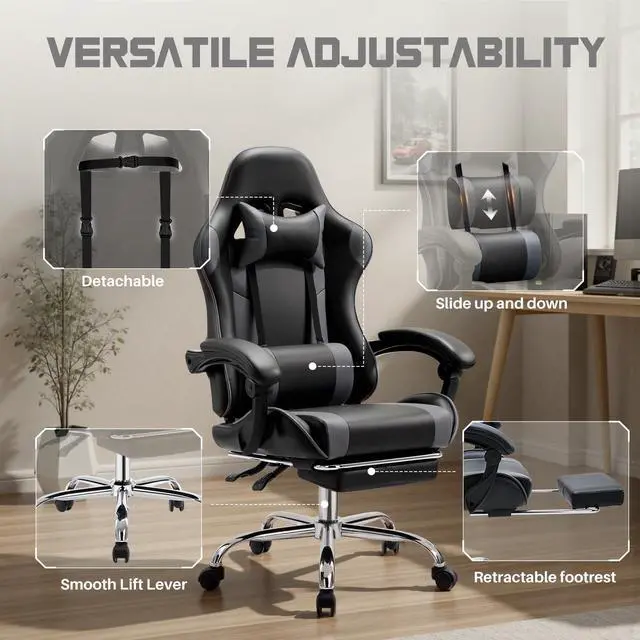 Alt view image 4 of 7 - Ergonomic Gaming Office Desk Chair with Footrest and Headrest for Adults, PU Leather Video Computer Chair with Linkage Armrests, Height Adjustable 360° Swivel Recling Chair, Black Grey