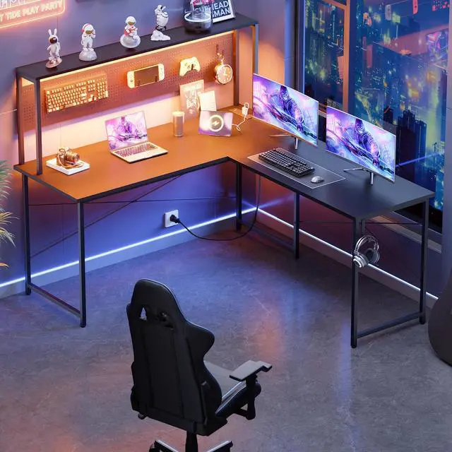 Main image of 60 Inch L Shaped Gaming Desk with LED Lights and Power Outlets Reversible Corner Computer Desk with Pegboard Storage Shelves Home Office Table for Work Study Black