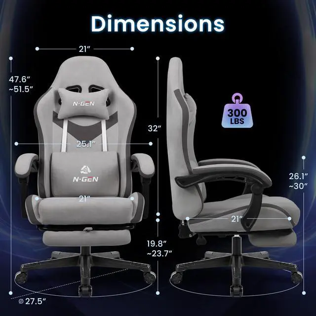 Alt view image 2 of 7 - Video Gaming Chair with Footrest Lumbar Support for Home Office High Back Recliner Height Adjustable Ergonomic Comfy Fabric Computer Desk Chair (Grey)