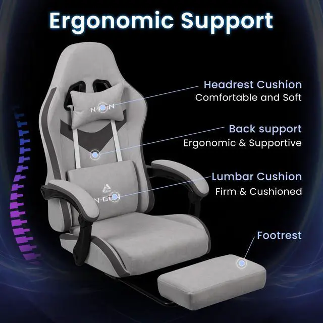 Alt view image 4 of 7 - Video Gaming Chair with Footrest Lumbar Support for Home Office High Back Recliner Height Adjustable Ergonomic Comfy Fabric Computer Desk Chair (Grey)