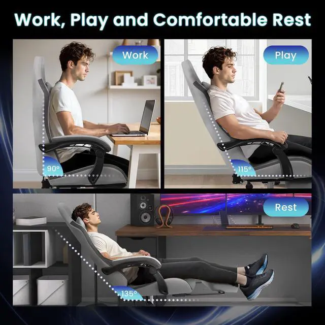 Alt view image 6 of 7 - Video Gaming Chair with Footrest Lumbar Support for Home Office High Back Recliner Height Adjustable Ergonomic Comfy Fabric Computer Desk Chair (Grey)