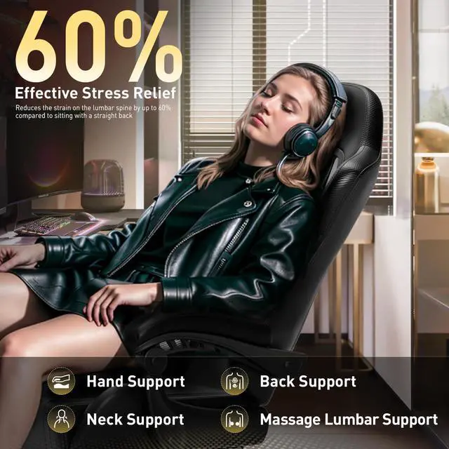 Alt view image 5 of 5 - Gaming Chair, Ergonomic Video Game Seat with 360° Swivel & Lumbar Massage, Computer Chair PU Leather Cushion for Adults Home/Office Use (Black)