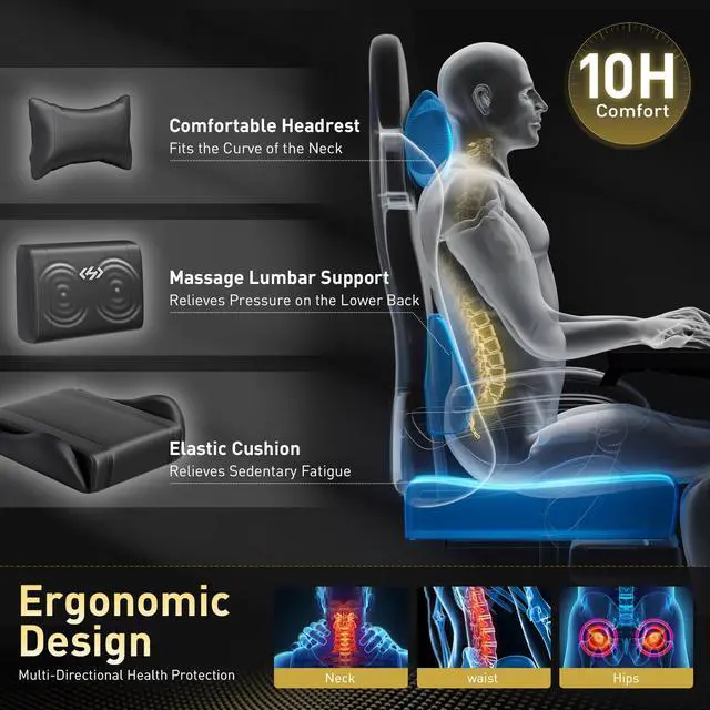 Alt view image 3 of 5 - Gaming Chair, Ergonomic Video Game Seat with 360° Swivel & Lumbar Massage, Computer Chair PU Leather Cushion for Adults Home/Office Use (Black)