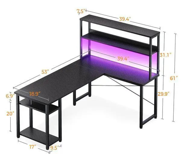 Alt view image 2 of 7 - 53" L Shaped Gaming Desk with Hutch & Headphone Hook, Corner Computer Table with Storage Shelves for Home Office, Black